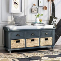 Banc de rangement rustique avec 3 tiroirs et 3 paniers en rotin, banc à chaussures pour salon et entrée