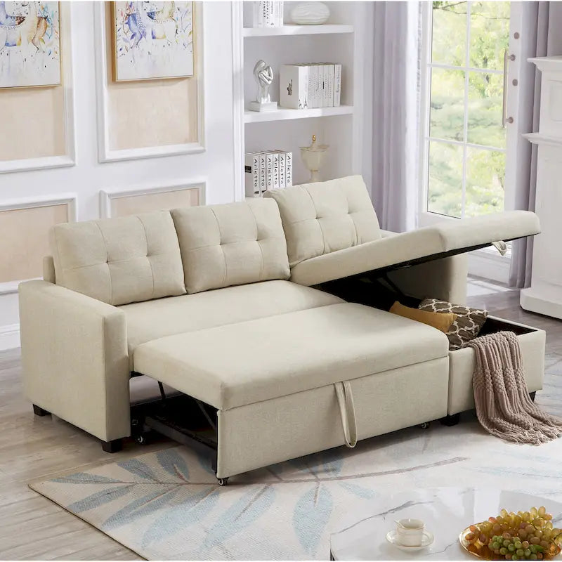 Canapé d'angle convertible avec lit escamotable et méridienne avec rangement caché