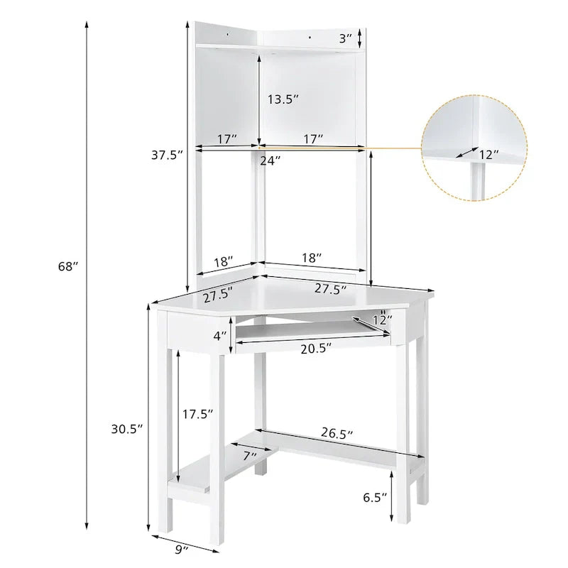 Bureau d'angle triangulaire avec étagère, bibliothèques et tablette pour clavier - Noir/Blanc