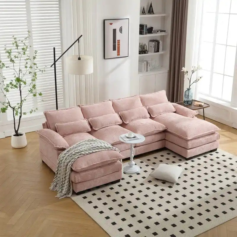 Canapé Sectionnel Canapé Nuage pour Salon, Canapé Moderne Forme U en Chenille/Bouclette, Canapé-Lit Modulable Confortable avec Double Méridienne