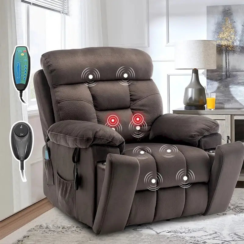 Grand fauteuil releveur massant électrique avec chauffage, porte-gobelet caché