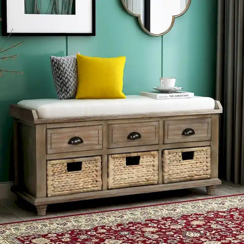 Banc de rangement rustique avec 3 tiroirs et 3 paniers en rotin, banc à chaussures pour salon et entrée