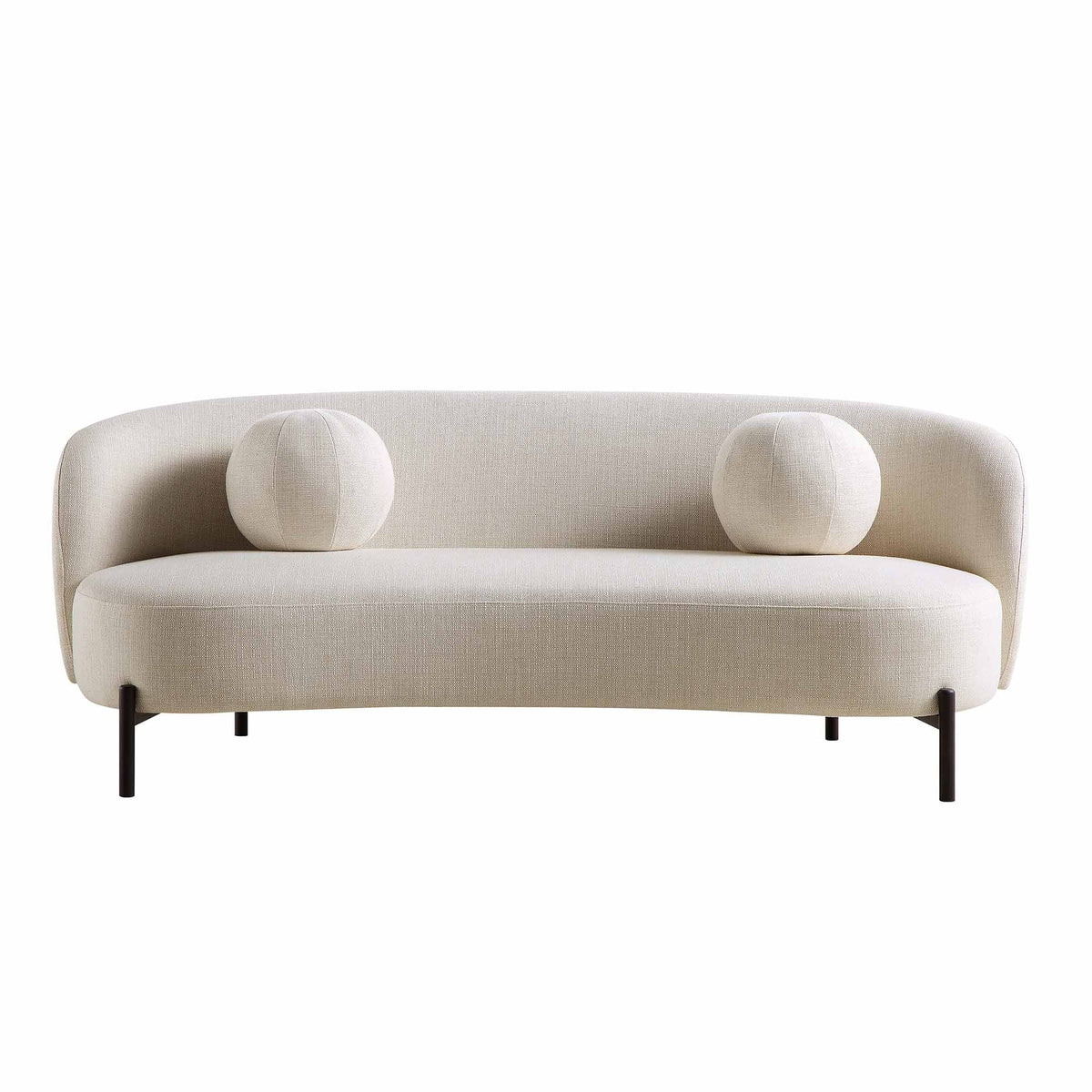 Canapé incurvé 3 places avec coussins boule, mélange de lin beige