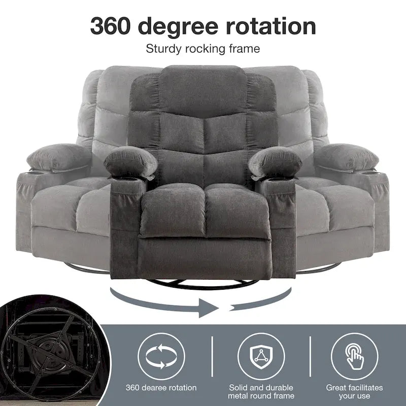 Fauteuil inclinable surdimensionné gris avec chauffage et massage, inclinaison 150, bascule 30, charge USB et 2 porte-gobelets