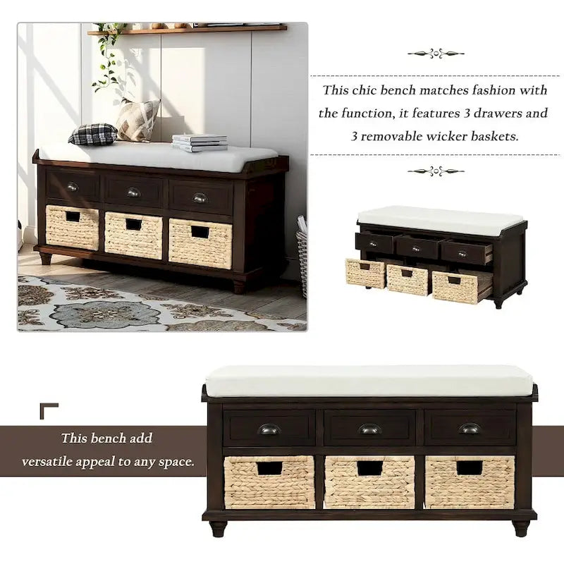 Banc de rangement rustique avec 3 tiroirs et 3 paniers en rotin, banc à chaussures pour salon et entrée