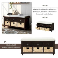 Banc de rangement rustique avec 3 tiroirs et 3 paniers en rotin, banc à chaussures pour salon et entrée