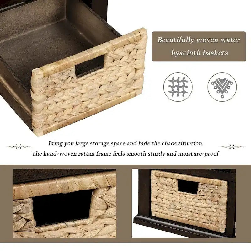 Banc de rangement rustique avec 3 tiroirs et 3 paniers en rotin, banc à chaussures pour salon et entrée