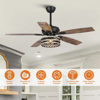 Ventilateur de plafond cage noir 52 style ferme bois flotté 5 pales avec télécommande