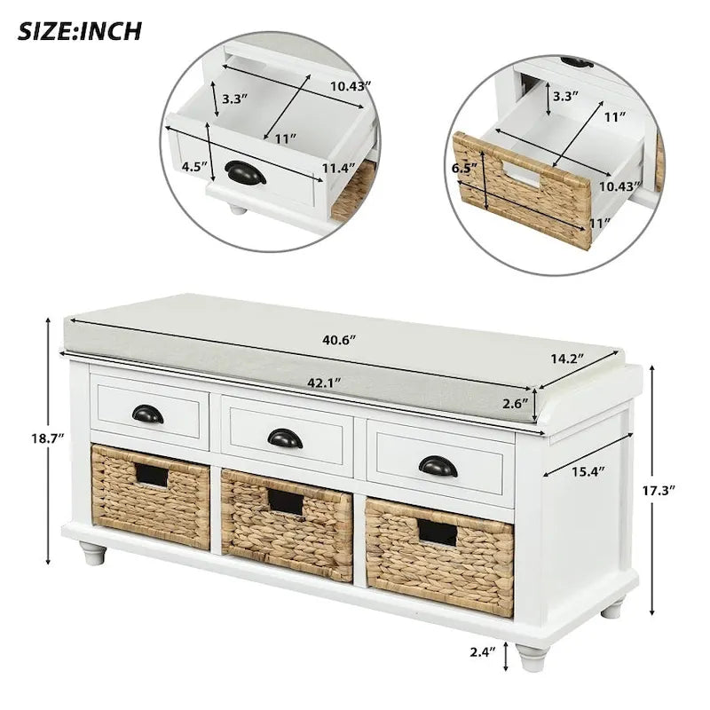 Banc de rangement rustique avec 3 tiroirs et 3 paniers en rotin, banc à chaussures pour salon et entrée