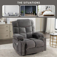 Fauteuil inclinable surdimensionné gris avec chauffage et massage, inclinaison 150, bascule 30, charge USB et 2 porte-gobelets