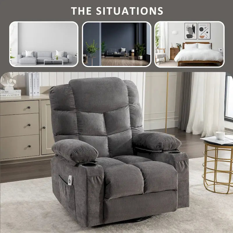 Fauteuil inclinable surdimensionné gris avec chauffage et massage, inclinaison 150, bascule 30, charge USB et 2 porte-gobelets