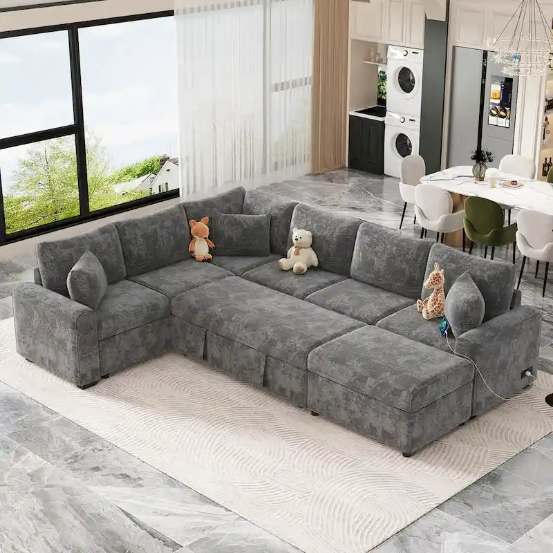 Canapé sectionnel en chenille avec canapé-lit escamotable, canapé-lit en forme de L avec ottoman de rangement, 3 coussins et prises de charge