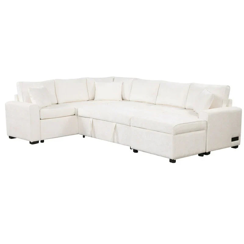 Canapé sectionnel en chenille avec canapé-lit escamotable, canapé-lit en forme de L avec ottoman de rangement, 3 coussins et prises de charge