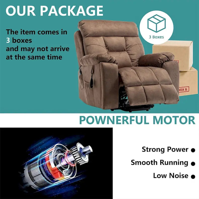 Grand fauteuil releveur massant électrique avec chauffage, porte-gobelet caché