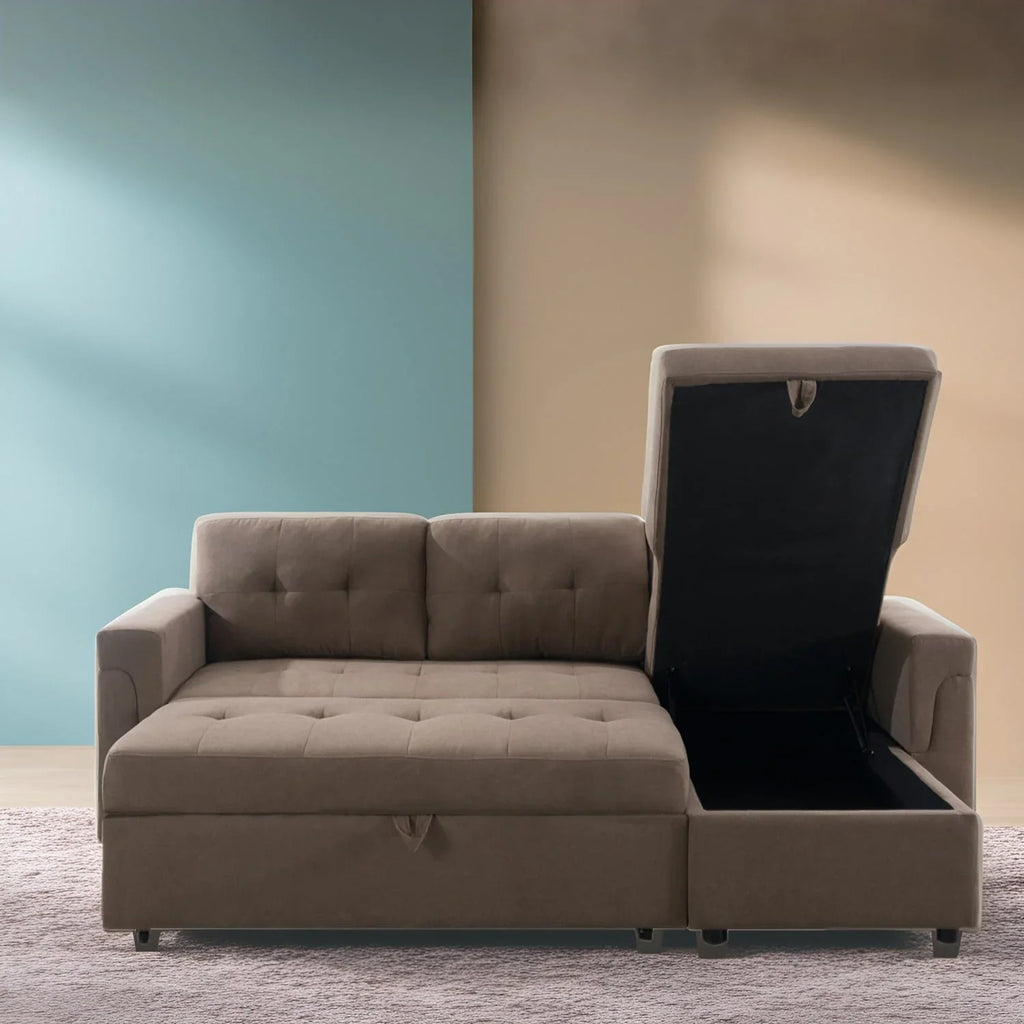 Canapé sectionnel convertible réversible avec lit escamotable, méridienne de rangement dissimulée et pieds durables