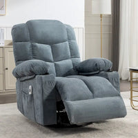 Fauteuil inclinable surdimensionné gris avec chauffage et massage, inclinaison 150, bascule 30, charge USB et 2 porte-gobelets