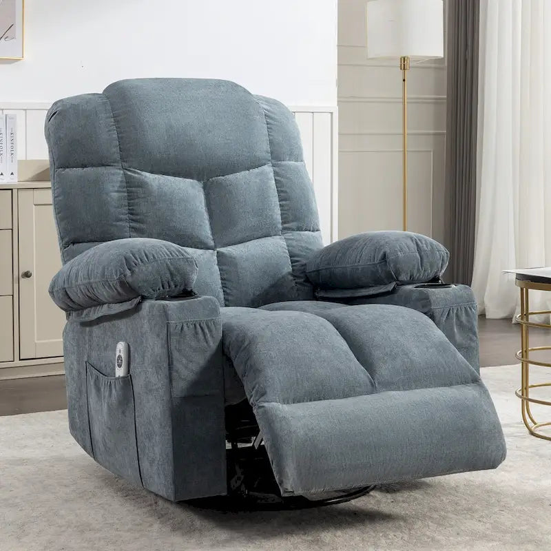 Fauteuil inclinable surdimensionné gris avec chauffage et massage, inclinaison 150, bascule 30, charge USB et 2 porte-gobelets
