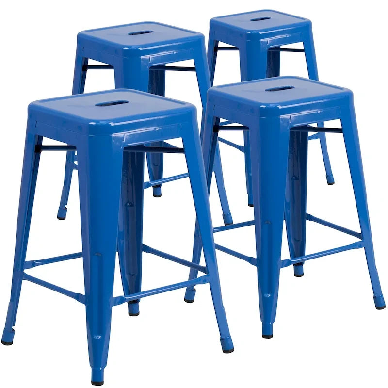 Lot de 4 tabourets hauteur comptoir d'intérieur-extérieur en métal sans dossier 24 H, avec assise carrée