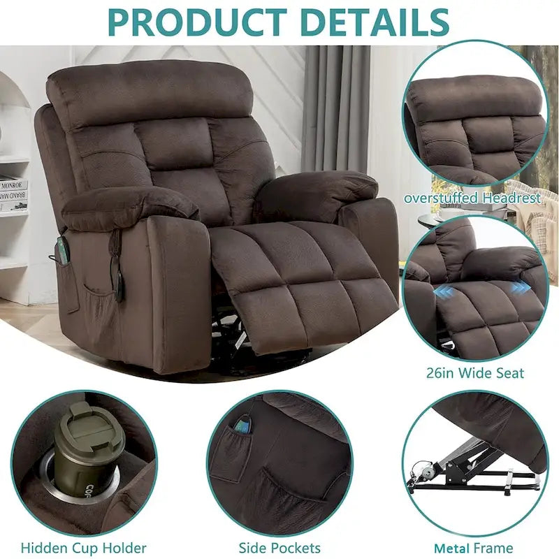 Grand fauteuil releveur massant électrique avec chauffage, porte-gobelet caché