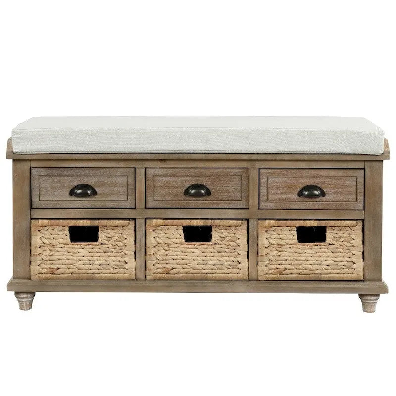 Banc de rangement rustique avec 3 tiroirs et 3 paniers en rotin, banc à chaussures pour salon et entrée
