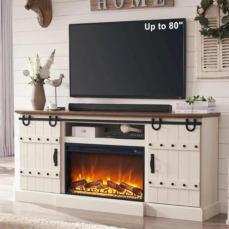 Meuble TV cheminée style ferme, meuble multimédia, console média