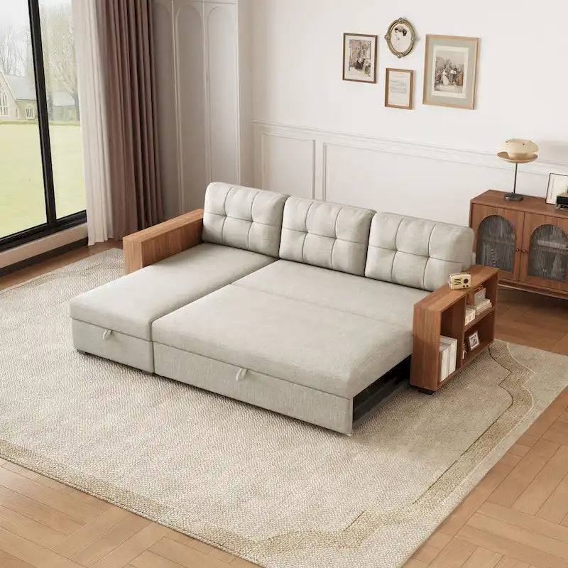 Canapé d'angle convertible avec lit escamotable et méridienne avec rangement caché