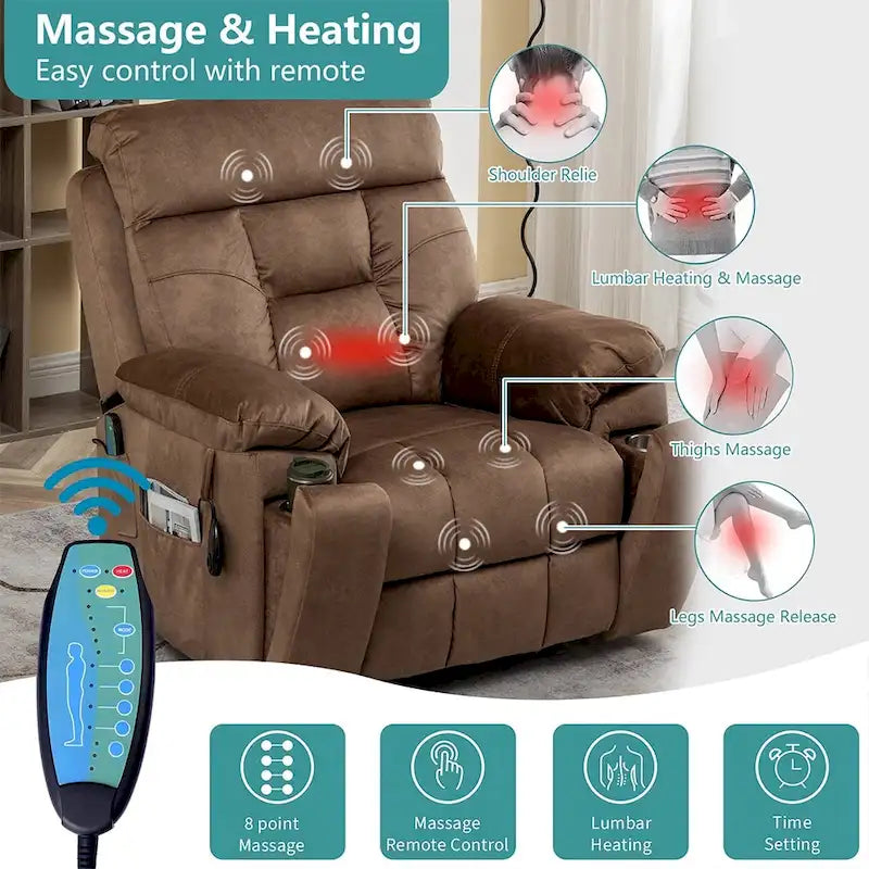 Grand fauteuil releveur massant électrique avec chauffage, porte-gobelet caché