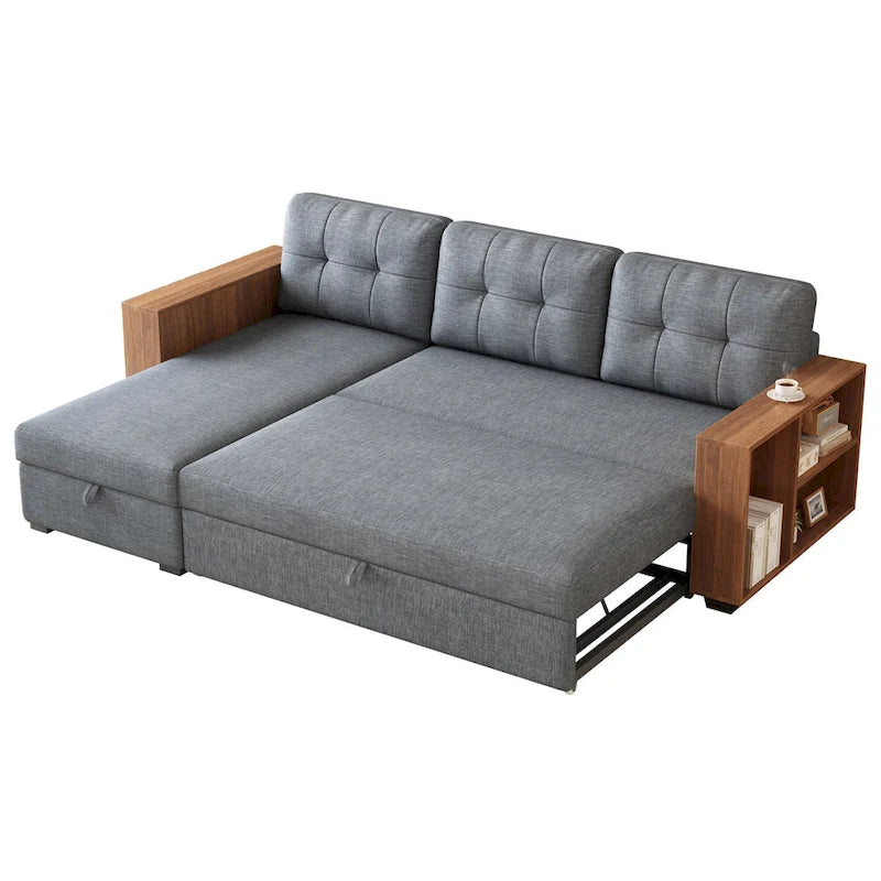 Canapé d'angle convertible avec lit escamotable et méridienne avec rangement caché