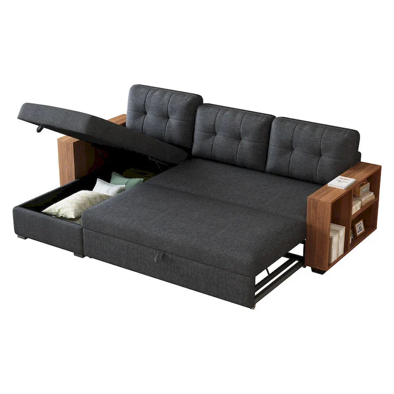 Canapé d'angle convertible avec lit escamotable et méridienne avec rangement caché