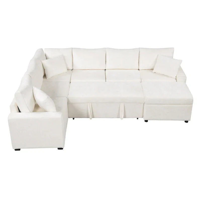 Canapé sectionnel en chenille avec canapé-lit escamotable, canapé-lit en forme de L avec ottoman de rangement, 3 coussins et prises de charge