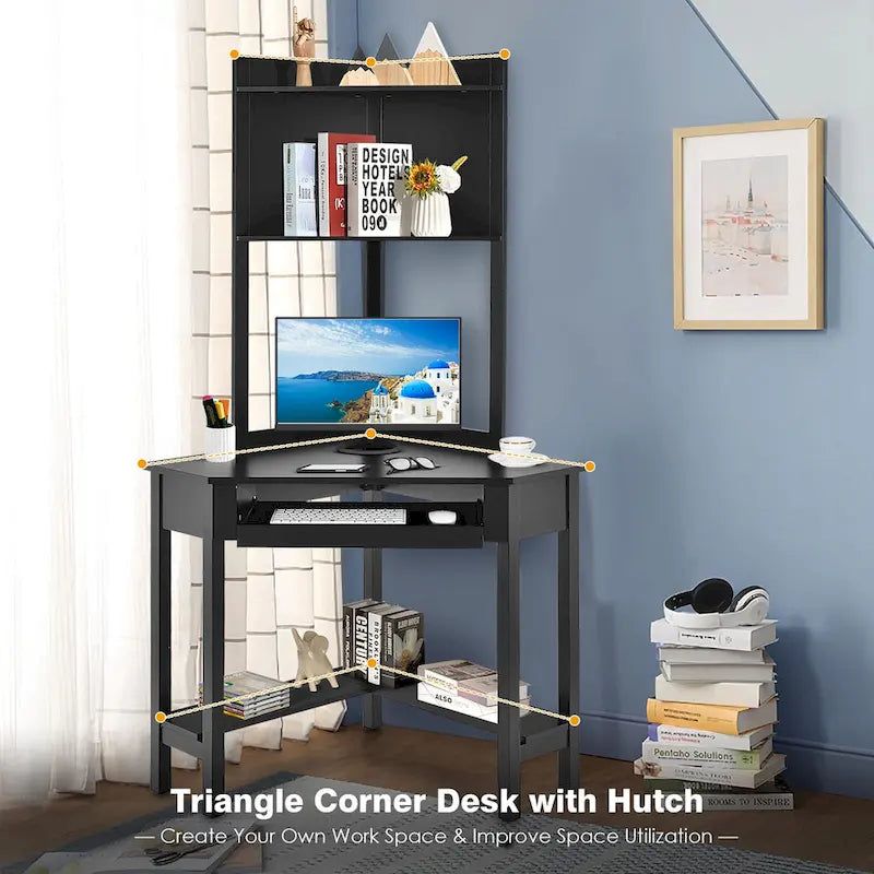 Bureau d'angle triangulaire avec étagère, bibliothèques et tablette pour clavier - Noir/Blanc