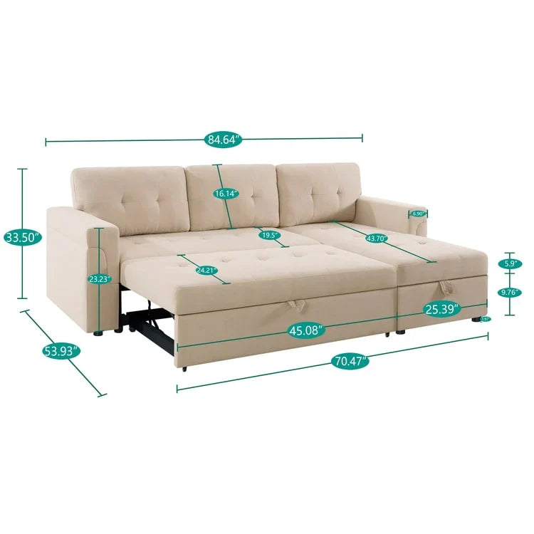 Canapé sectionnel réversible avec lit escamotable, méridienne de rangement dissimulée, pieds durables,