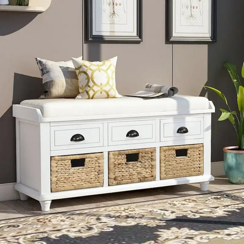 Banc de rangement rustique avec 3 tiroirs et 3 paniers en rotin, banc à chaussures pour salon et entrée