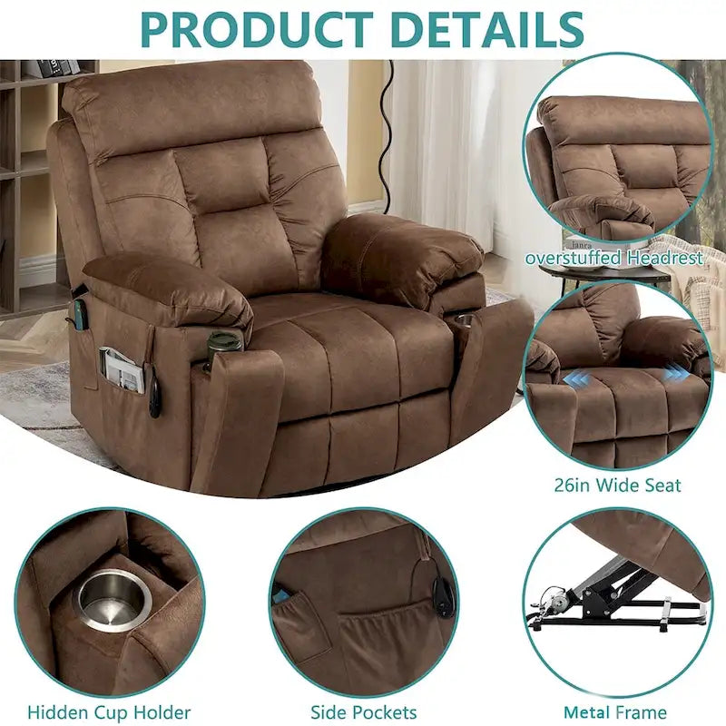 Grand fauteuil releveur massant électrique avec chauffage, porte-gobelet caché