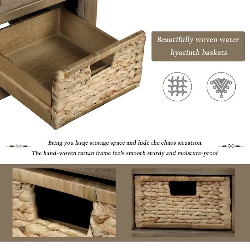 Banc de rangement rustique avec 3 tiroirs et 3 paniers en rotin, banc à chaussures pour salon et entrée