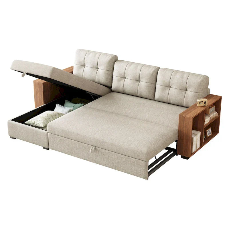 Canapé d'angle convertible avec lit escamotable et méridienne avec rangement caché