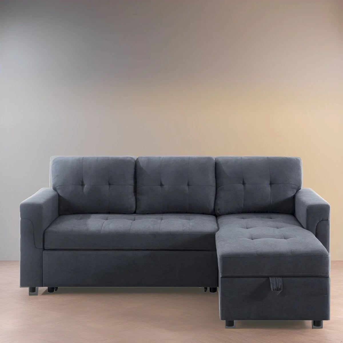 Canapé sectionnel réversible avec lit escamotable, méridienne de rangement dissimulée, pieds durables,