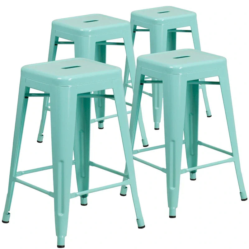 Lot de 4 tabourets hauteur comptoir d'intérieur-extérieur en métal sans dossier 24 H, avec assise carrée