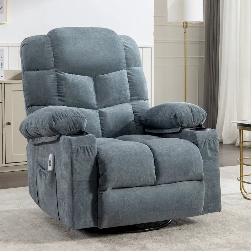 Fauteuil inclinable surdimensionné gris avec chauffage et massage, inclinaison 150, bascule 30, charge USB et 2 porte-gobelets